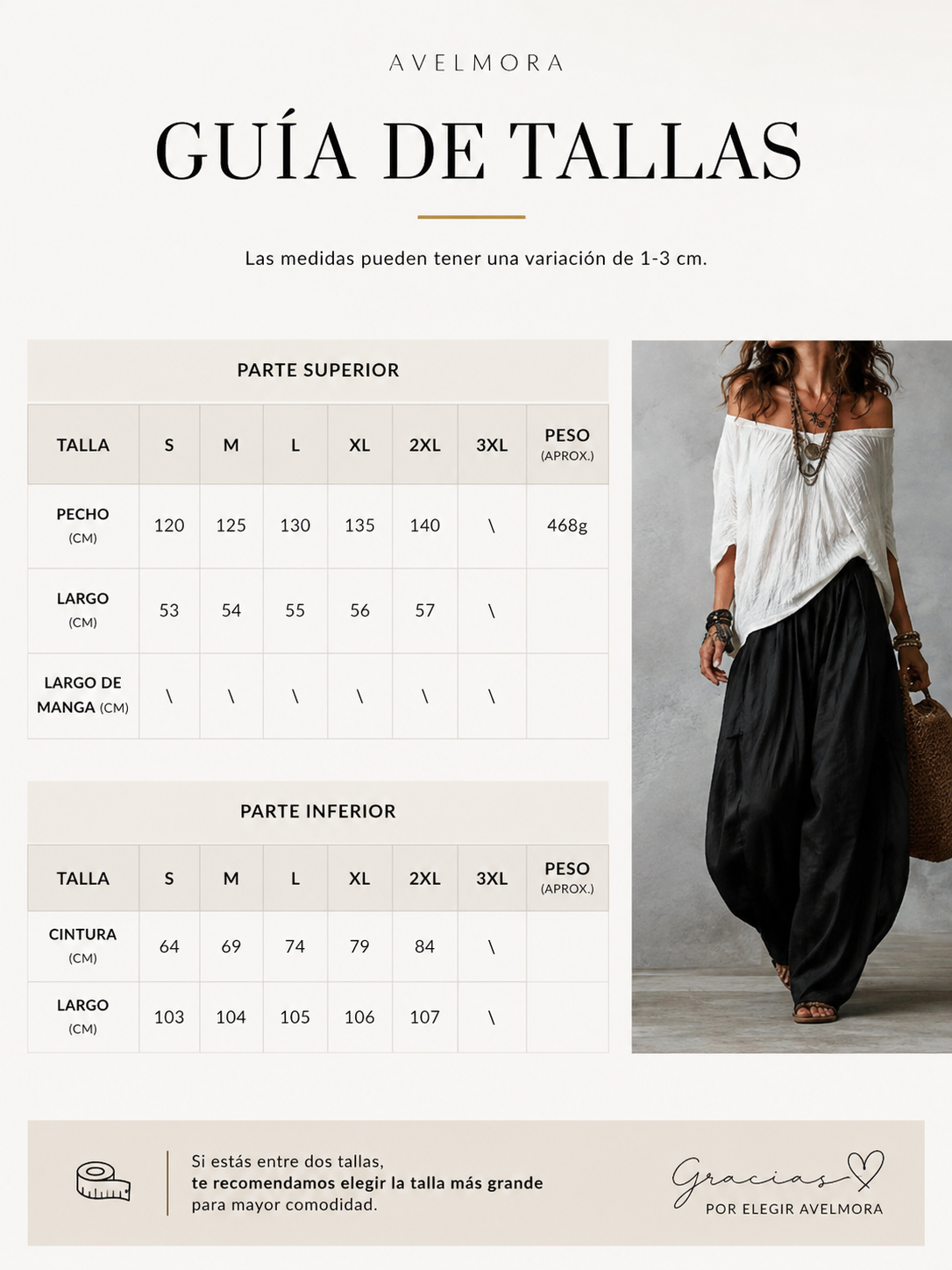 Guía de tallas BIANCA con tabla y modelo con conjunto blanco y negro