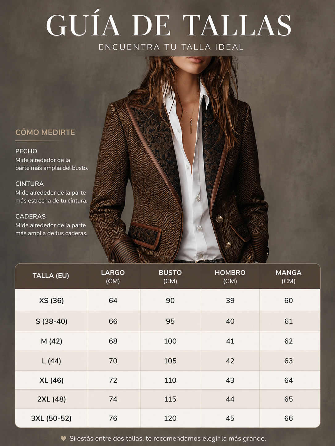 Chaqueta marrón con espiga y paneles estampados sobre camisa blanca, vista frontal