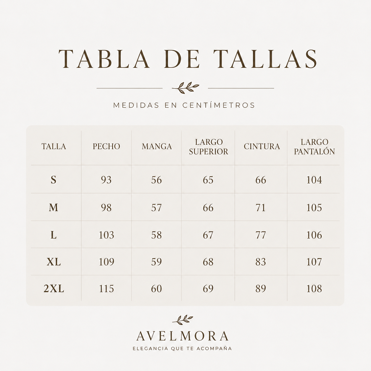 Tabla de tallas en centímetros con medidas de pecho, manga, cintura y largos