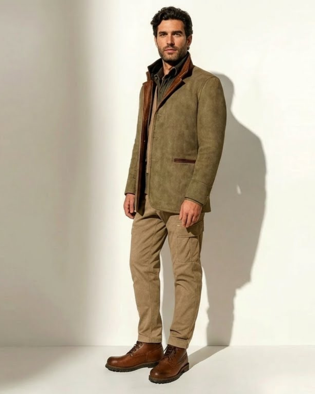 Chaqueta de solapa verde oliva con cuello forrado y bolsillos laterales