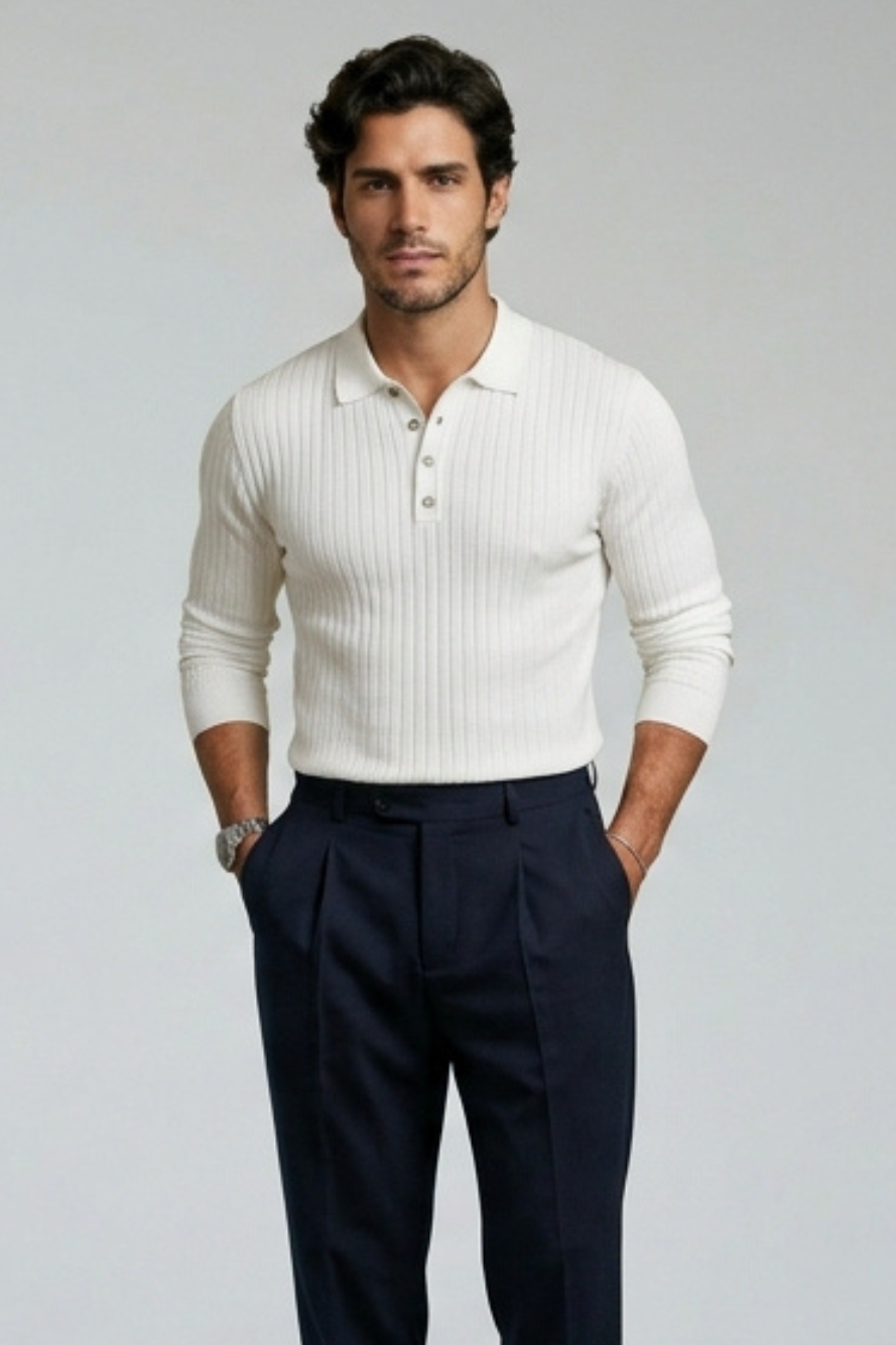 Jersey slim fit blanco de punto acanalado, cuello polo con botones delanteros