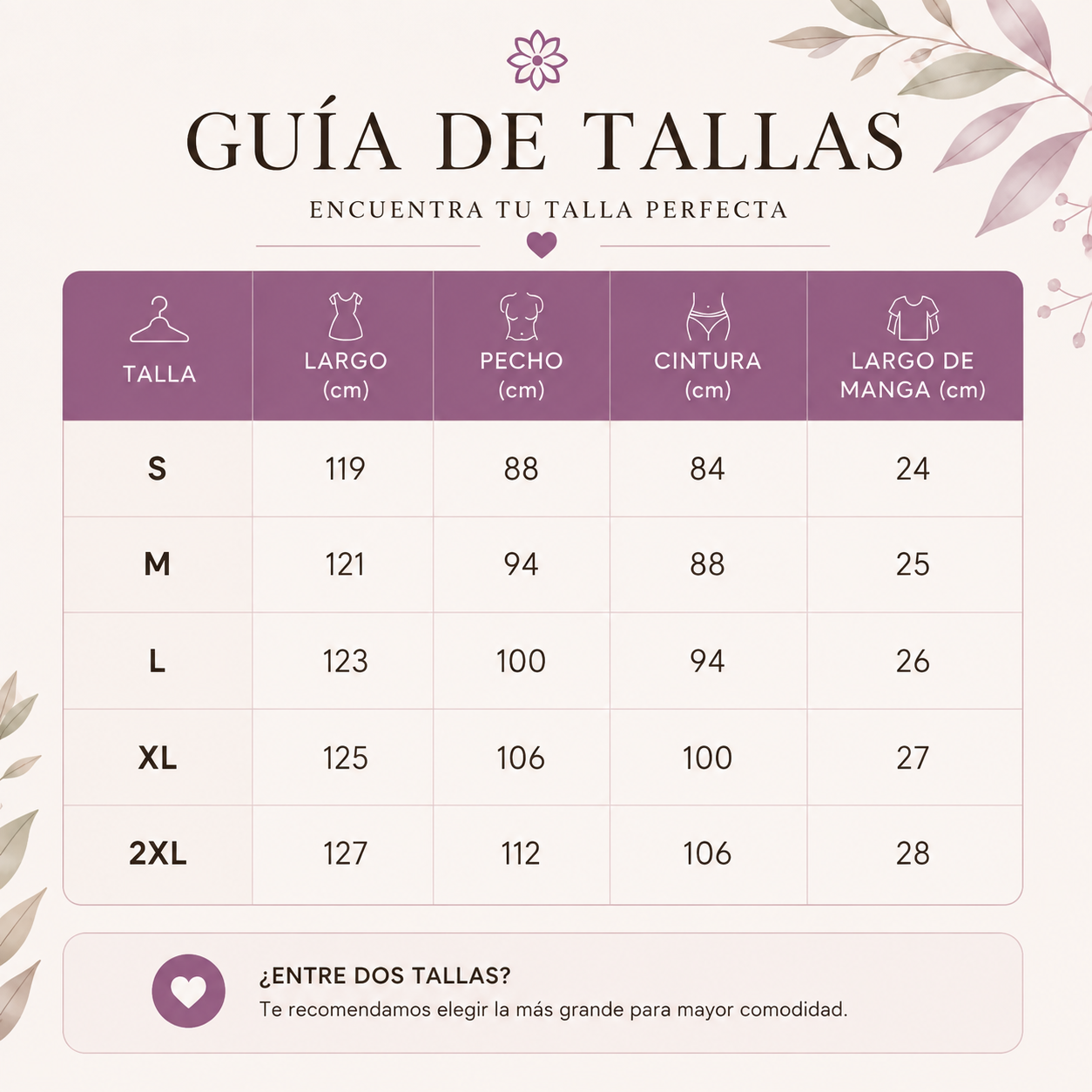 Guía de tallas: tabla S a 2XL con medidas de largo, pecho y cintura