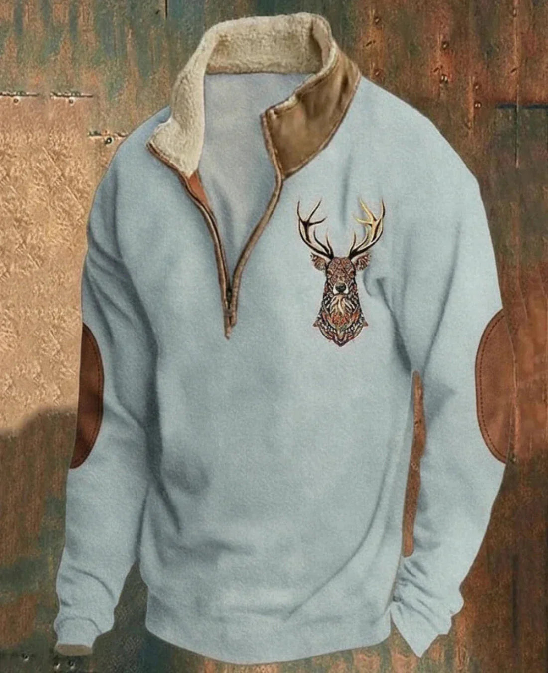 Jersey tipo sudadera azul claro con media cremallera, cuello de borreguillo y ciervo