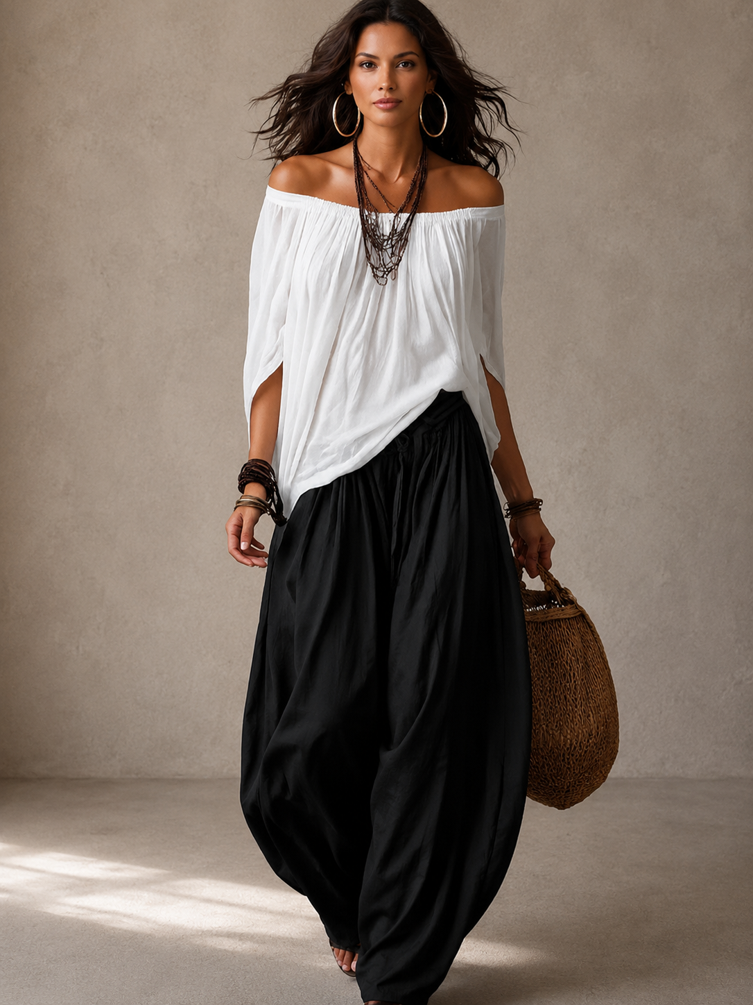 Conjunto BIANCA con blusa blanca y falda negra amplia, escote fuera del hombro