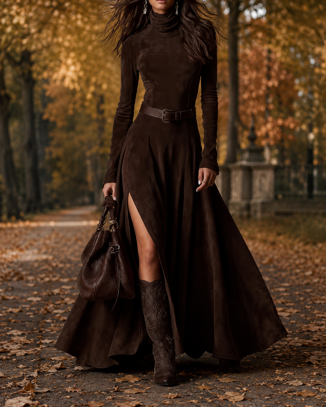 Vestido marrón de cuello alto con cinturón, falda amplia y abertura frontal.