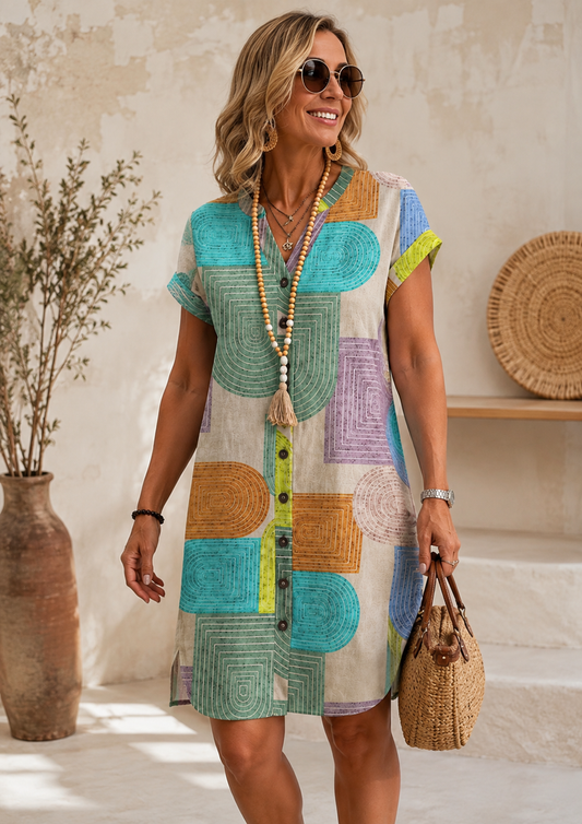 Vestido camisero midi de botones, estampado geométrico multicolor y manga corta