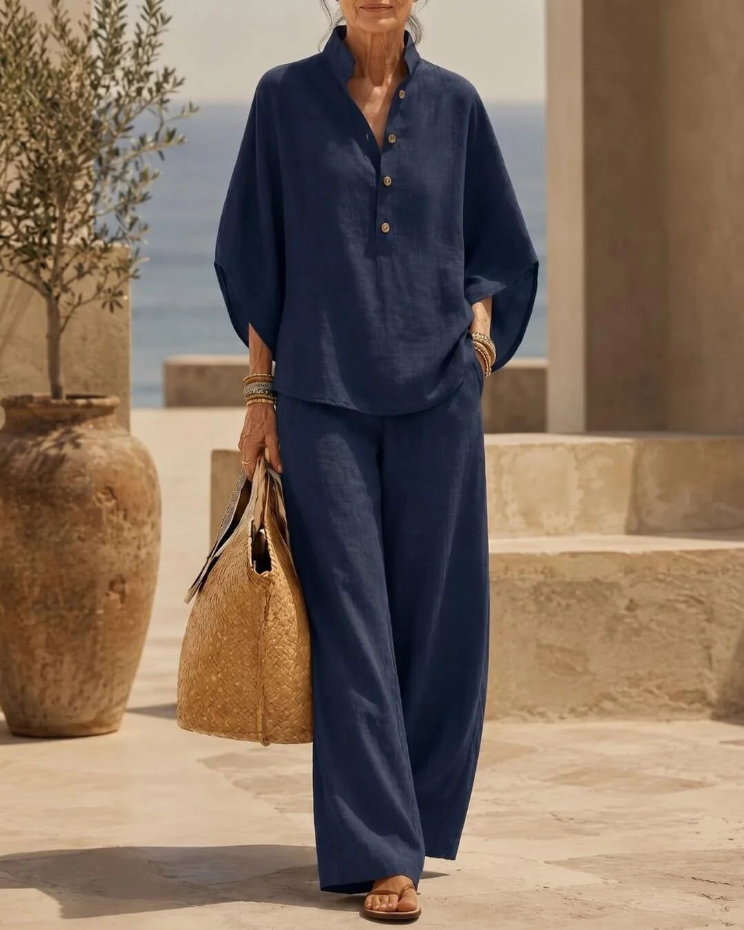 Conjunto azul marino: blusa con botones y pantalón largo a juego, manga globo y holgado