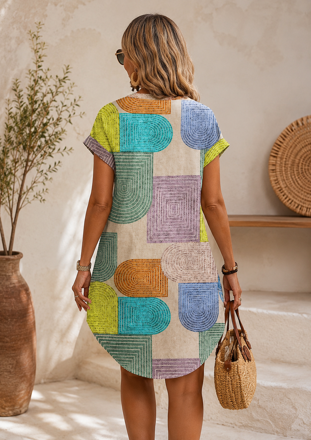 Vestido camisero midi con botones y estampado geométrico multicolor, vista trasera
