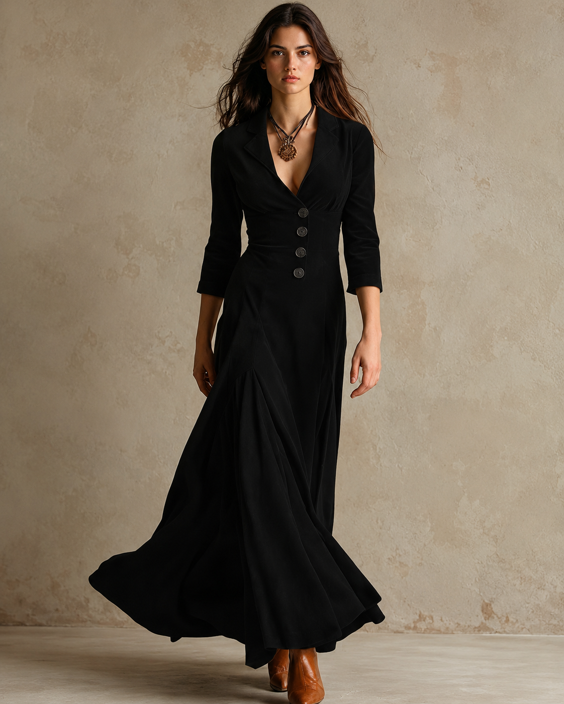Vestido estilo blazer años 70 negro con botones al frente y falda acampanada plisada.