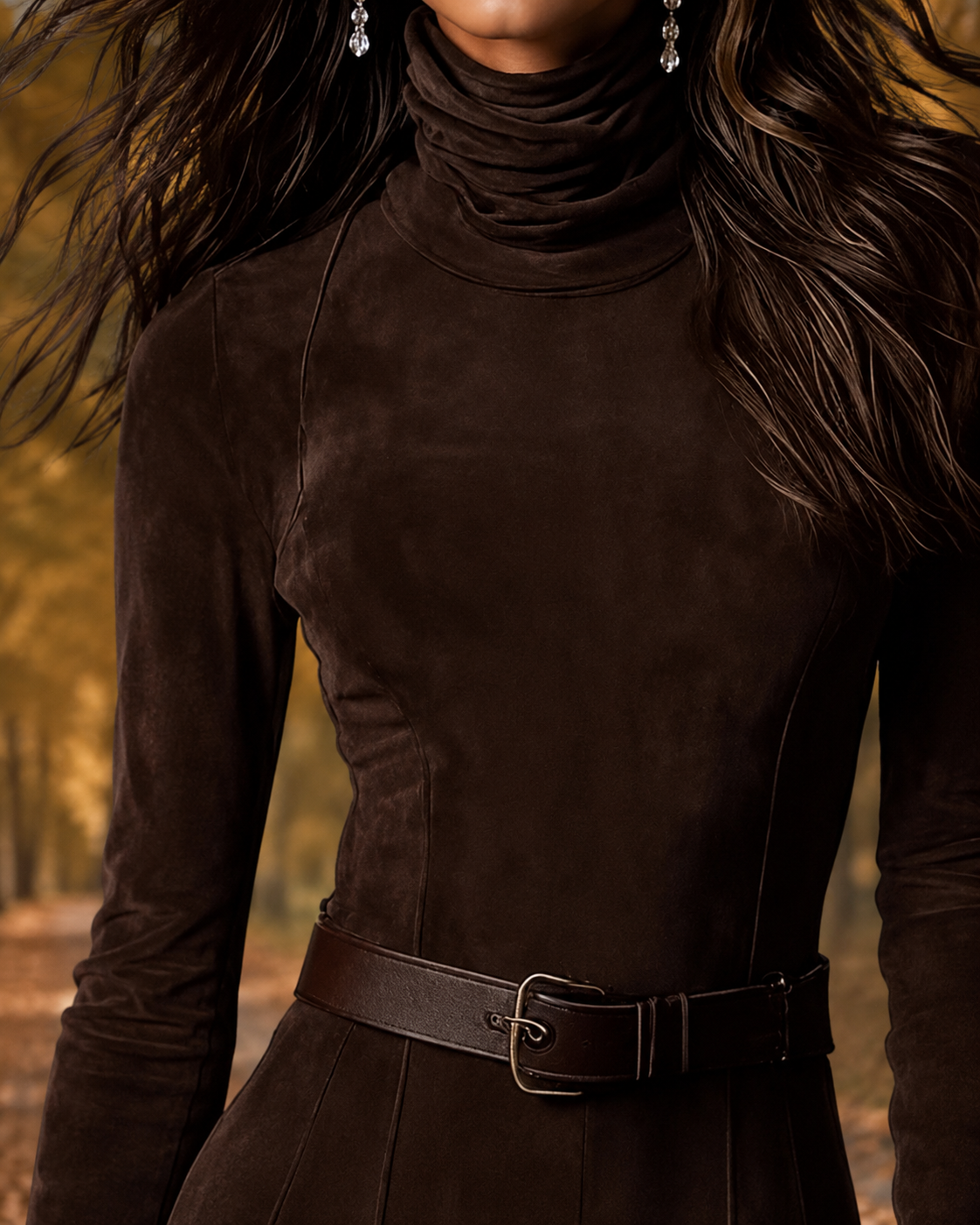 Vestido marrón de cuello alto y tejido tipo ante, con cinturón y abertura lateral.