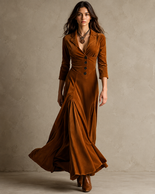 Vestido estilo blazer años 70 marrón con botones al frente y falda amplia plisada.