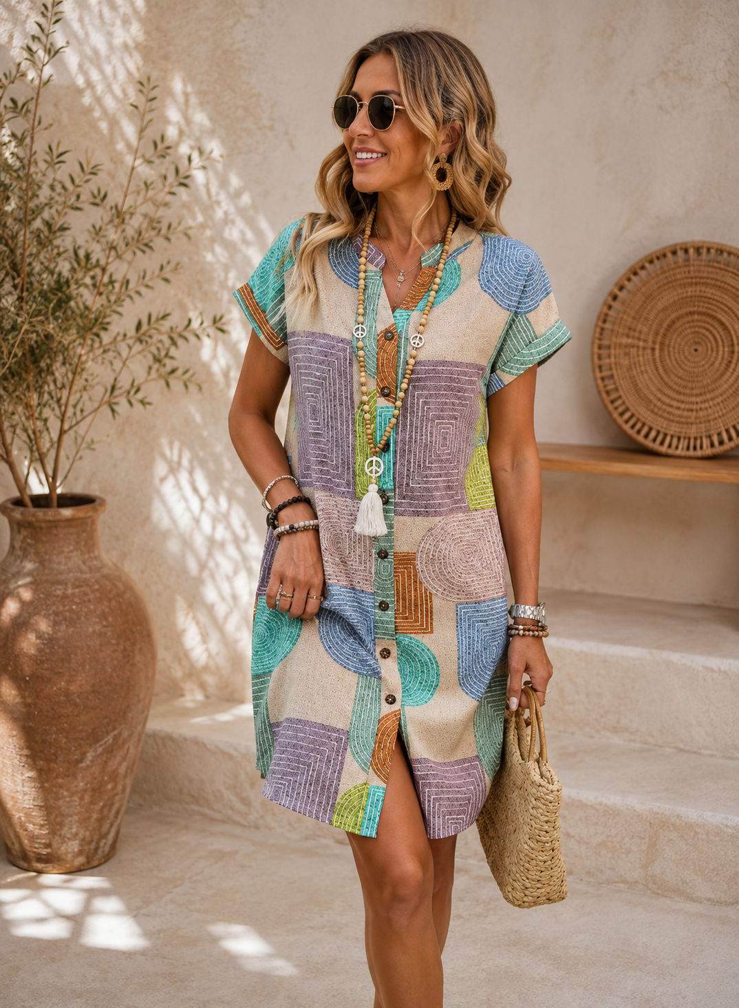 Vestido camisero midi de botones con estampado geométrico multicolor y cuello abierto