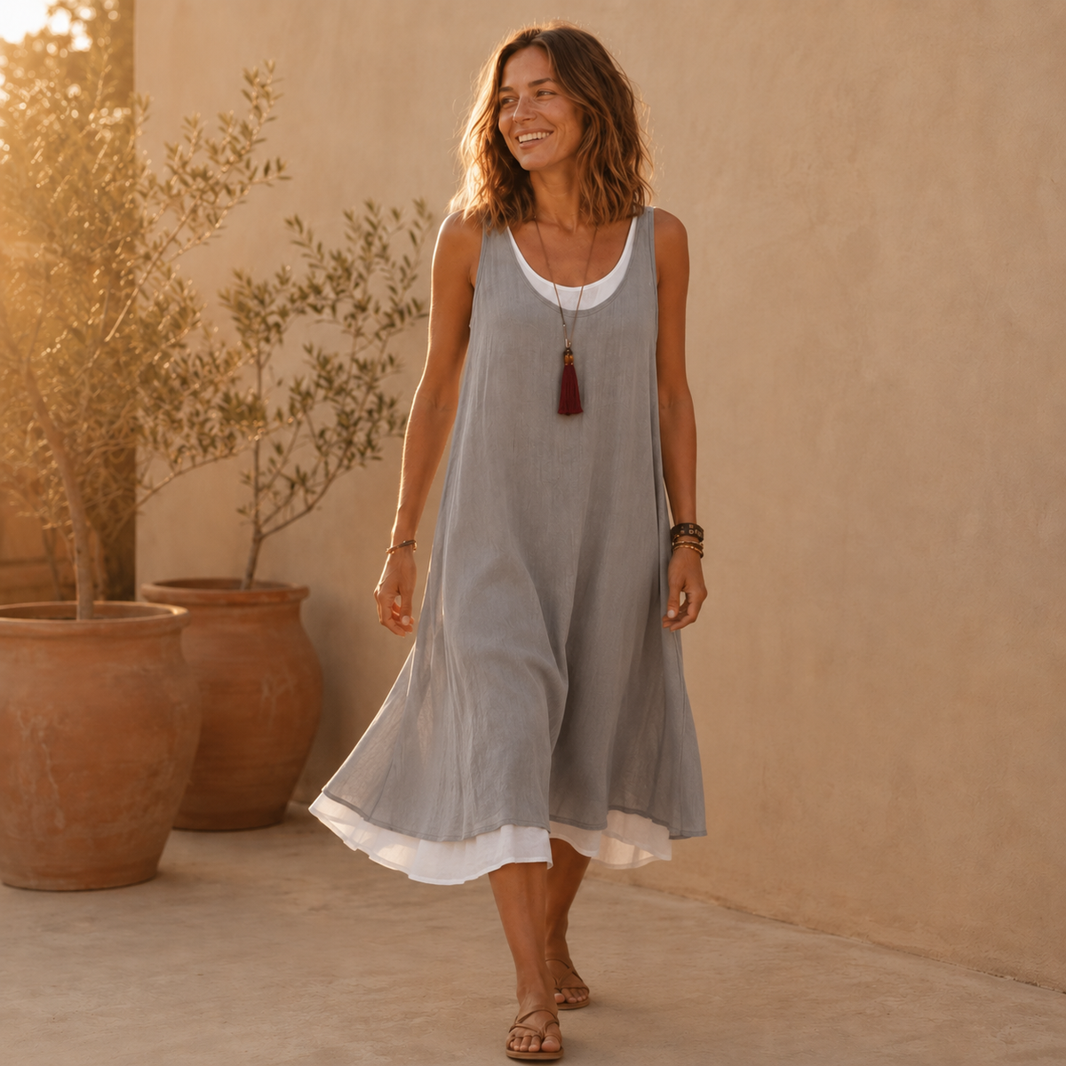 Vestido de tirantes gris suelto con dobladillo y capa interior blanca