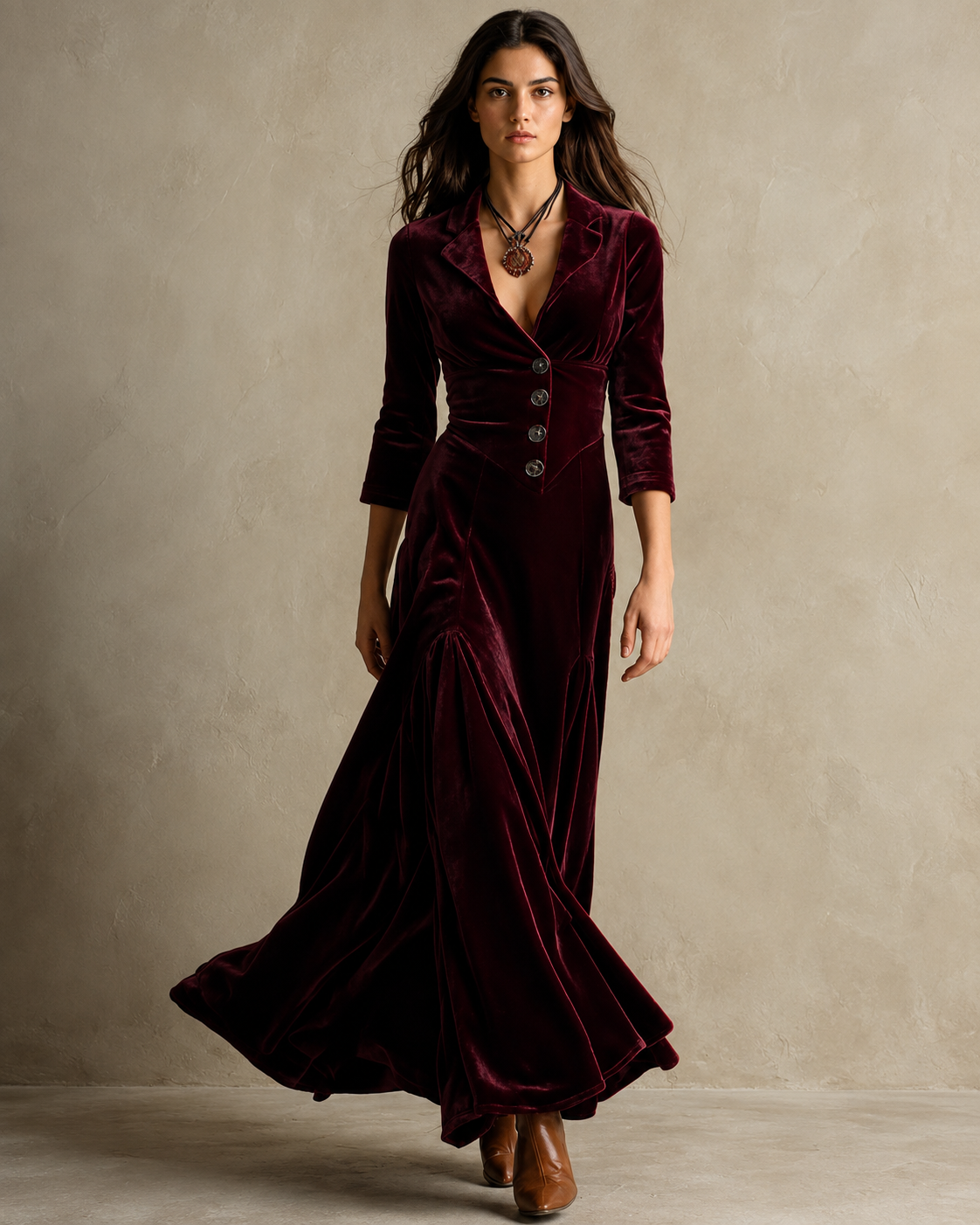 Vestido estilo blazer años 70 burdeos con botones al frente y falda acampanada plisada.