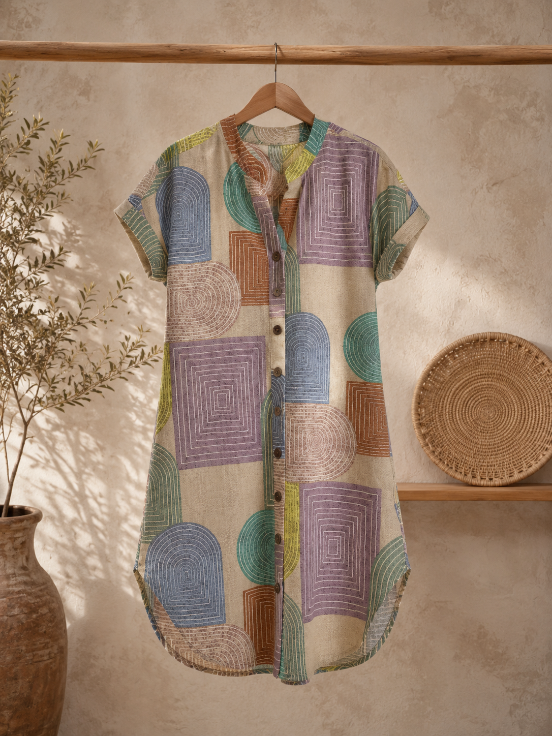 Vestido camisero midi de botones, estampado geométrico multicolor, colgado