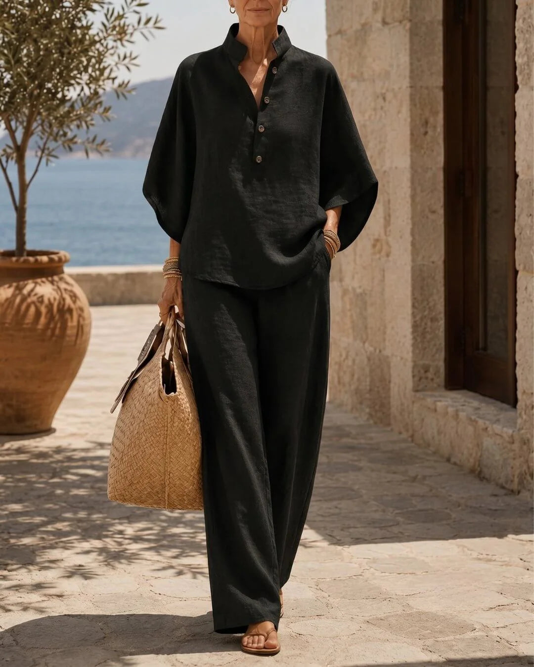Conjunto negro: blusa con botones y pantalón largo a juego, estilo holgado y ligero