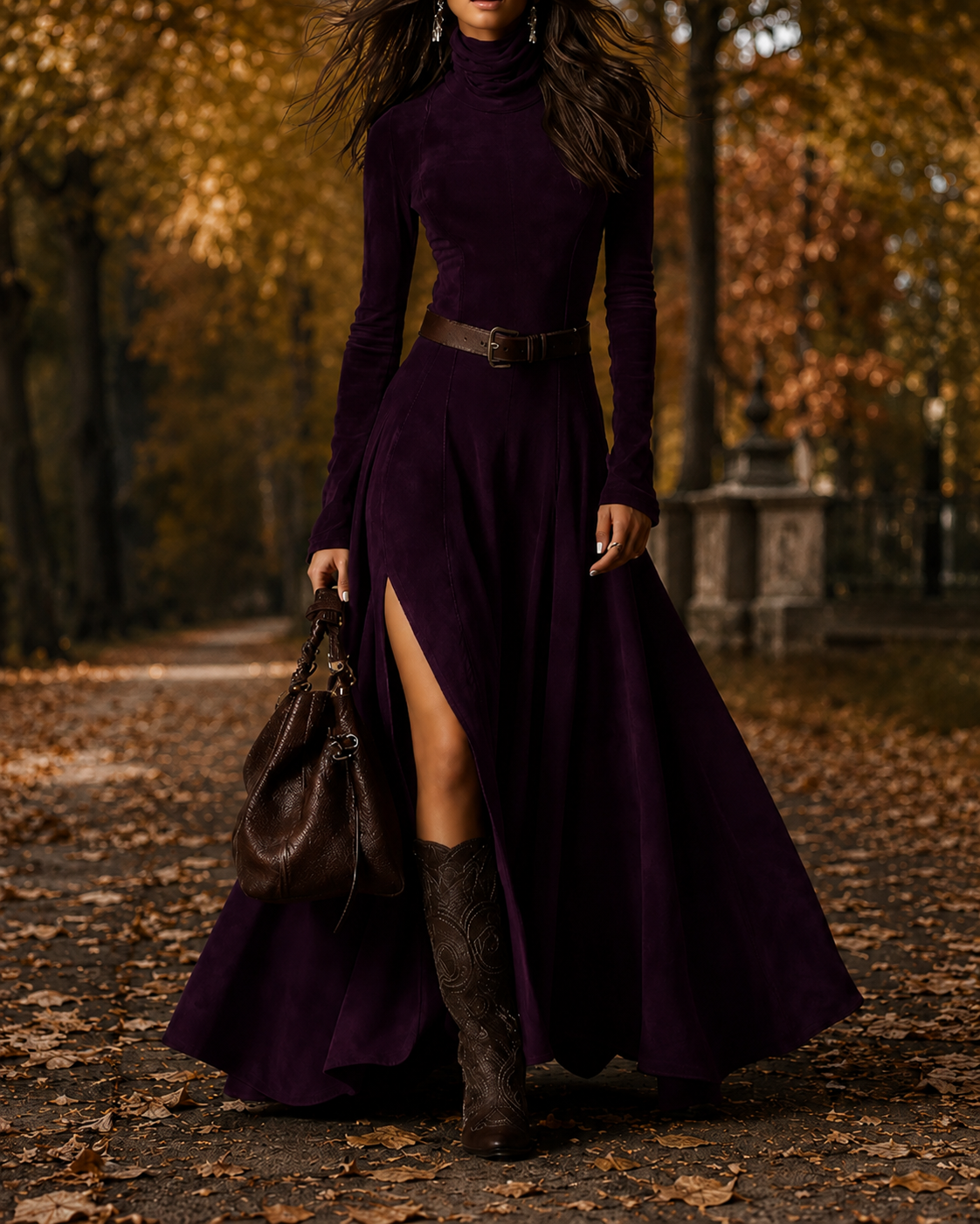 Vestido berenjena de cuello alto, cinturón y falda larga con abertura lateral.