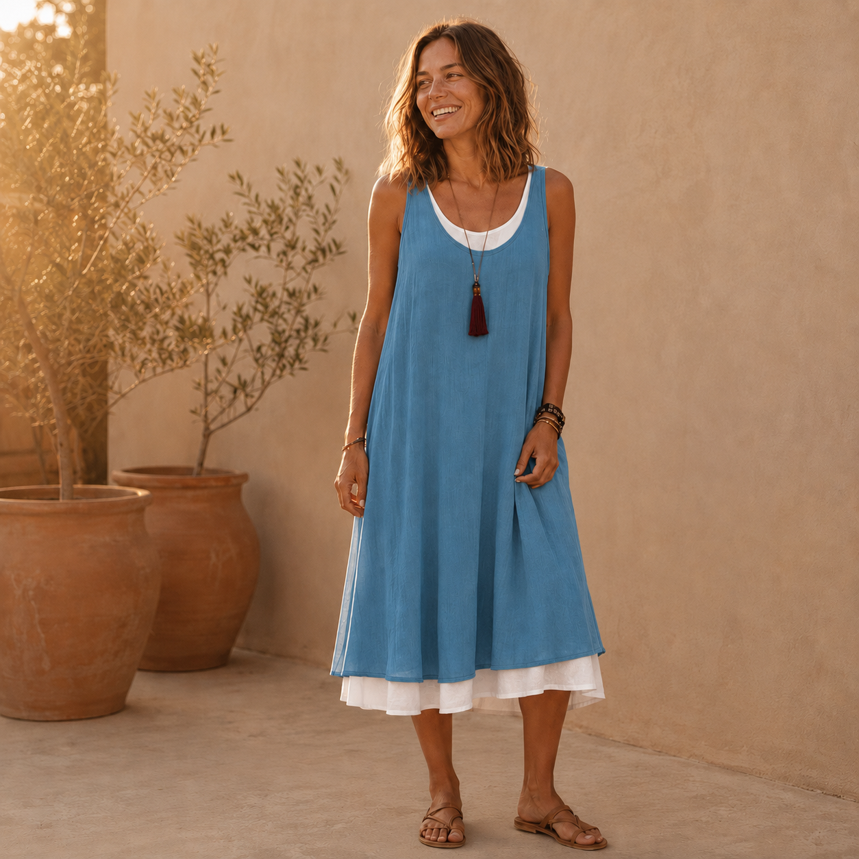 Vestido de tirantes azul con capa interior blanca y dobladillo suelto