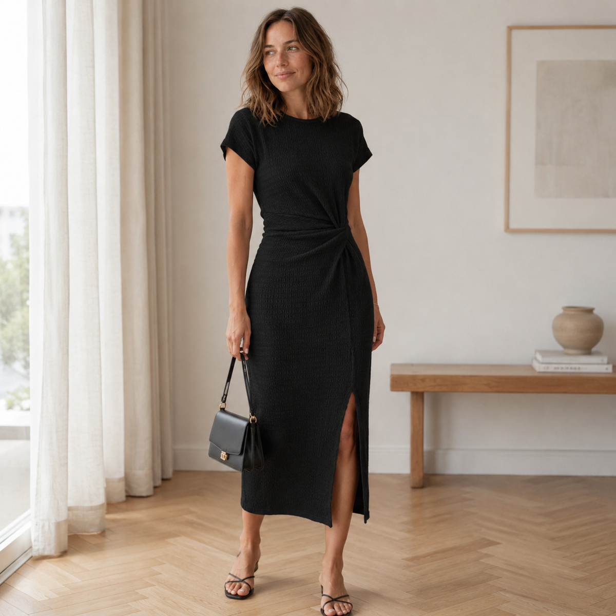 Vestido midi de punto negro con nudo en la cintura y abertura lateral