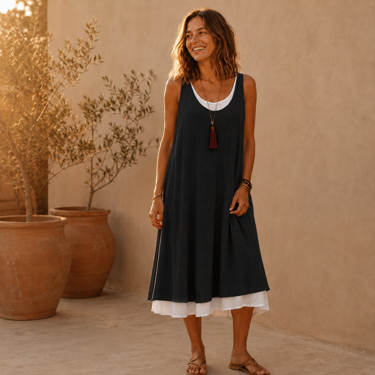 Vestido de tirantes negro con escote blanco y capa interior blanca