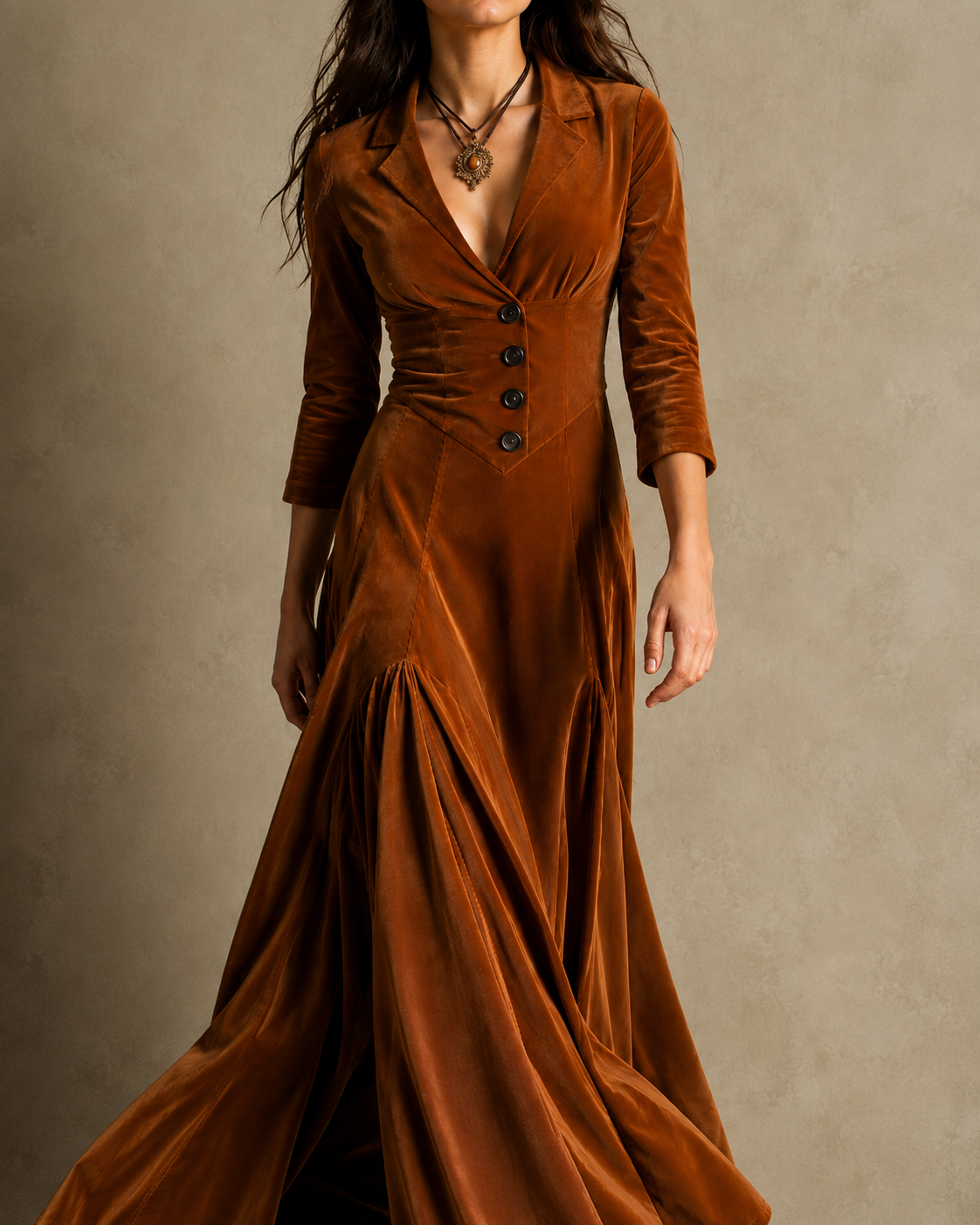 Vestido estilo blazer años 70 marrón con cuello solapa, botones al frente y falda plisada.