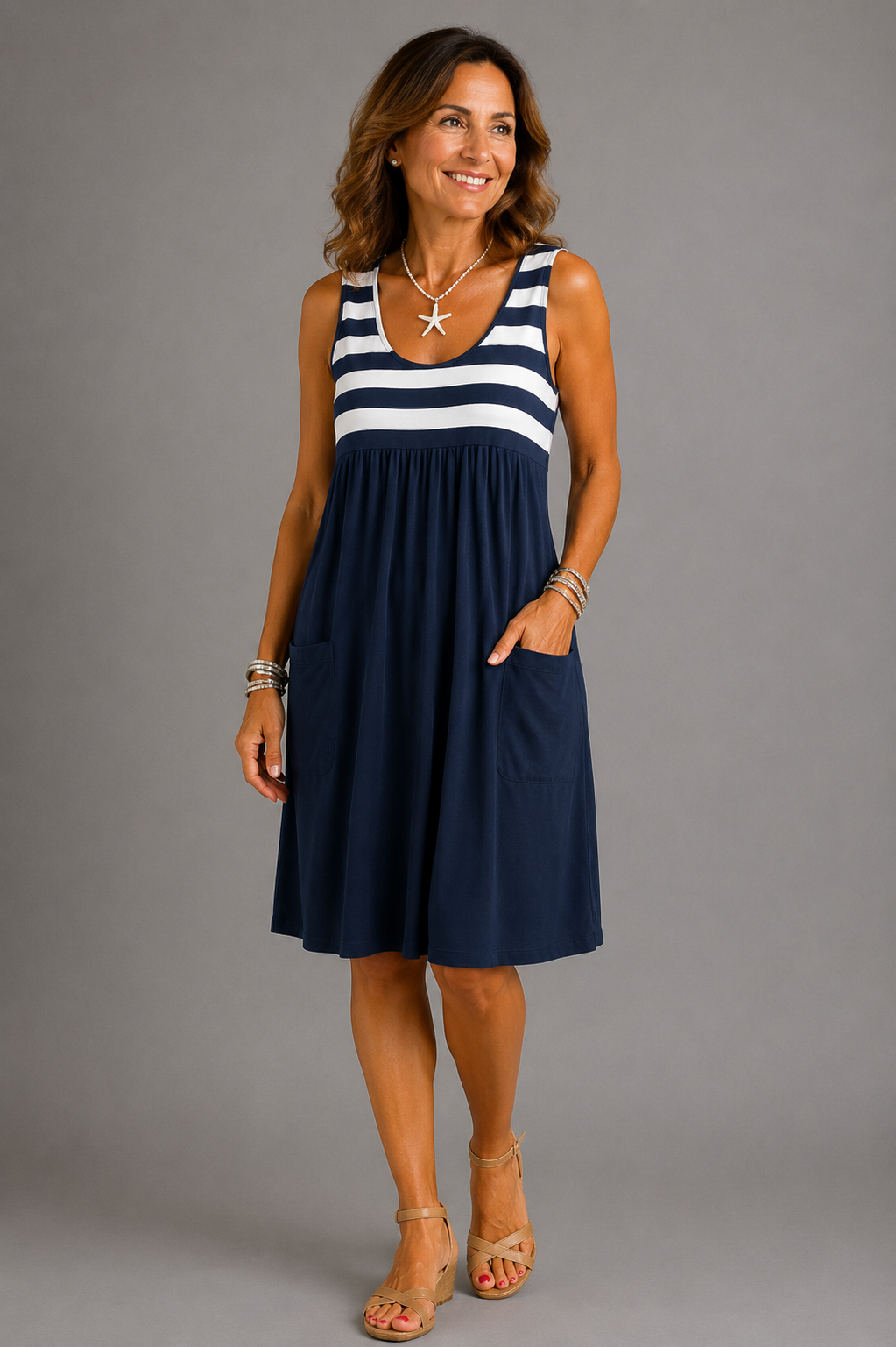 Vestido azul marino sin mangas con frunce en la cintura y bolsillos laterales