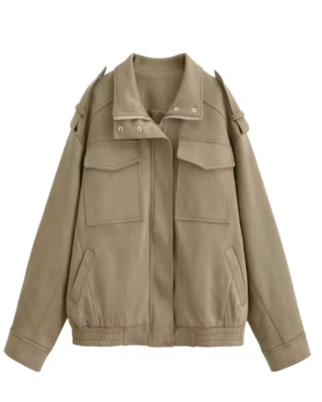 Chaqueta de ante marfil con cuello camisero, bolsillos delanteros y puños elásticos
