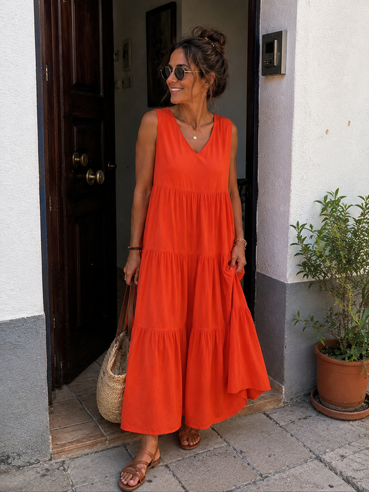 Vestido sin mangas con escote en V y falda escalonada, color naranja