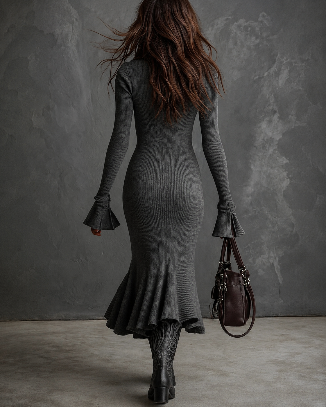 Vestido midi de punto gris oscuro de espalda con bajo acampanado y puños con volante