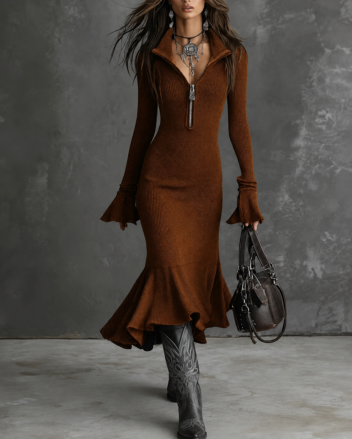 Vestido midi de punto marrón con cremallera y cuello, mangas acampanadas y falda amplia