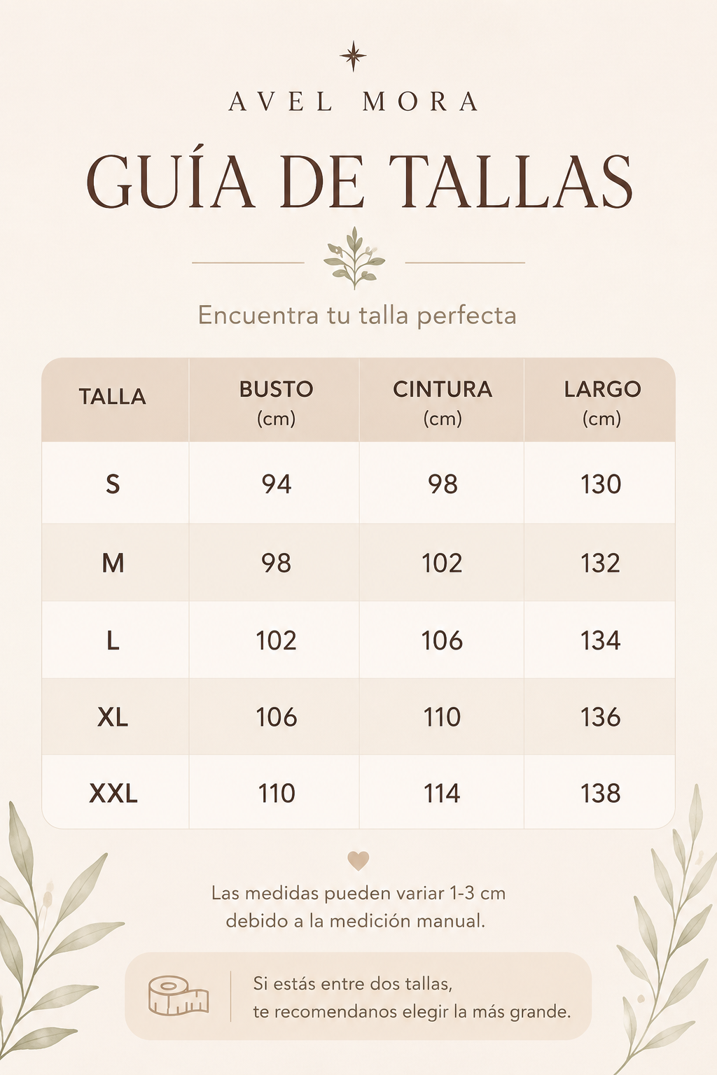 Guía de tallas del vestido con medidas de busto, cintura y largo (S–XXL)