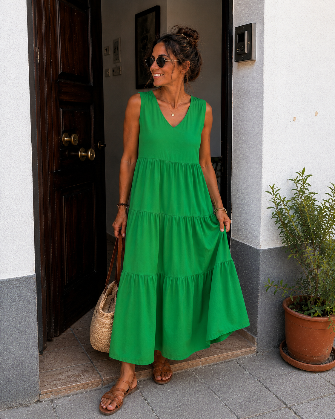 Vestido sin mangas con escote en V y falda escalonada, color verde
