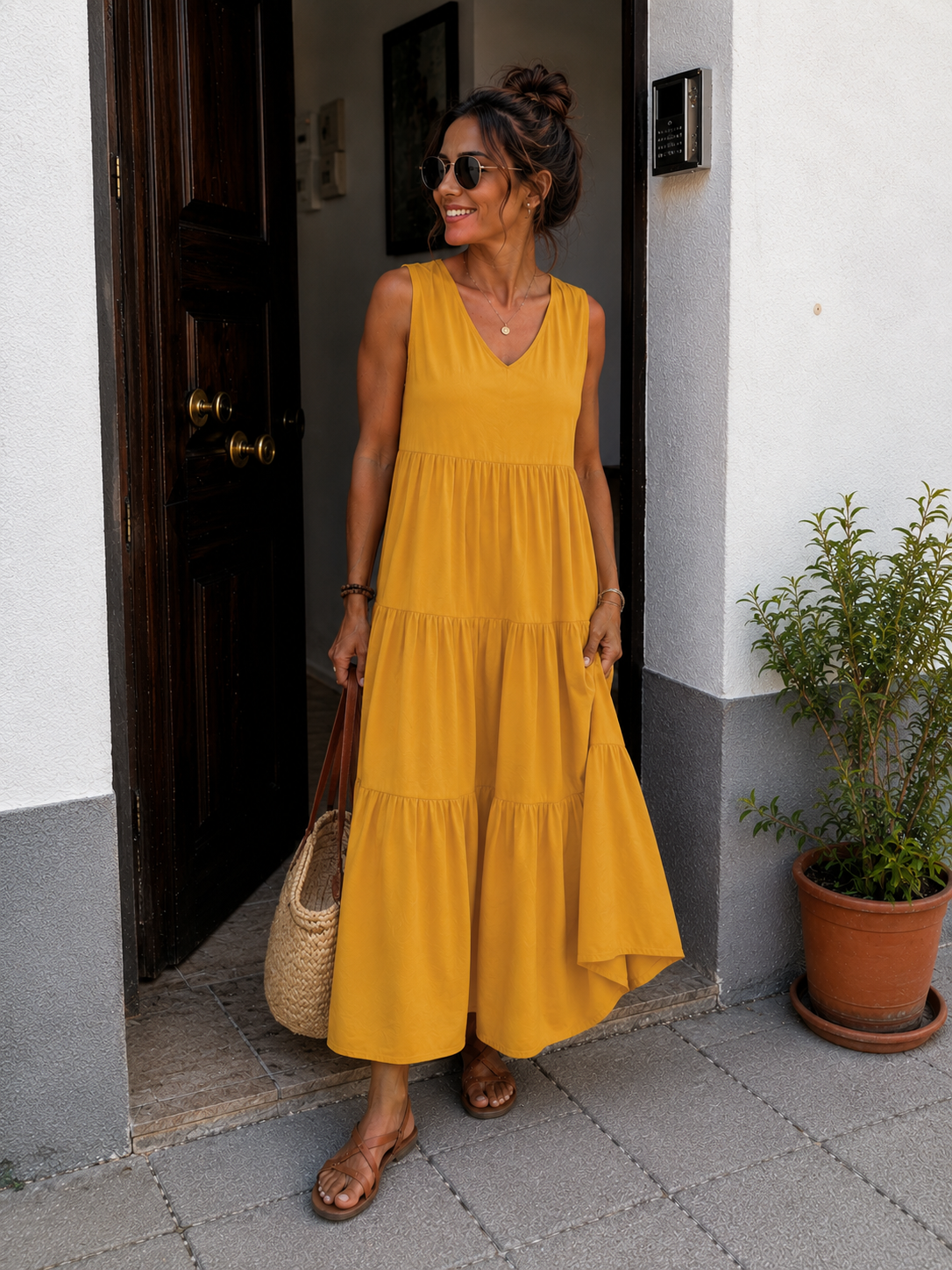 Vestido sin mangas con escote en V y falda escalonada, color amarillo