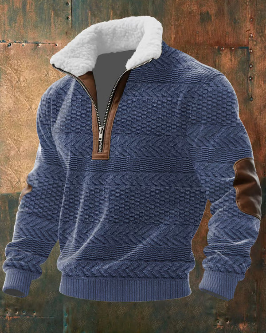 Suéter de borrego azul marino con cuello sherpa y cierre 1/4 color café