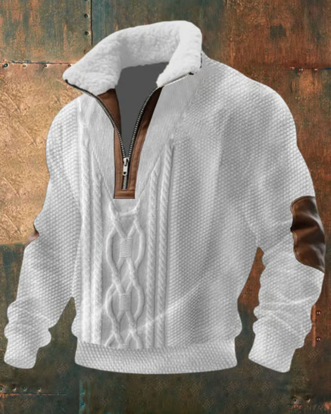 Suéter de borrego blanco con cuello sherpa y cierre 1/4 color café