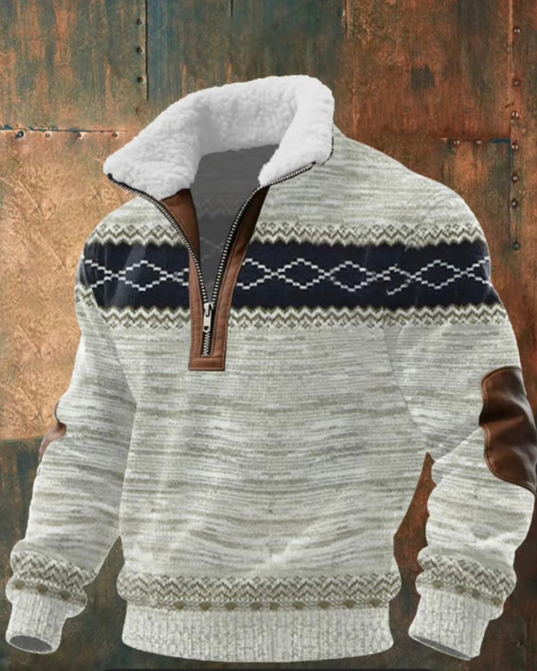 Suéter borrego gris claro con patrón jacquard y cierre frontal, cuello borrego