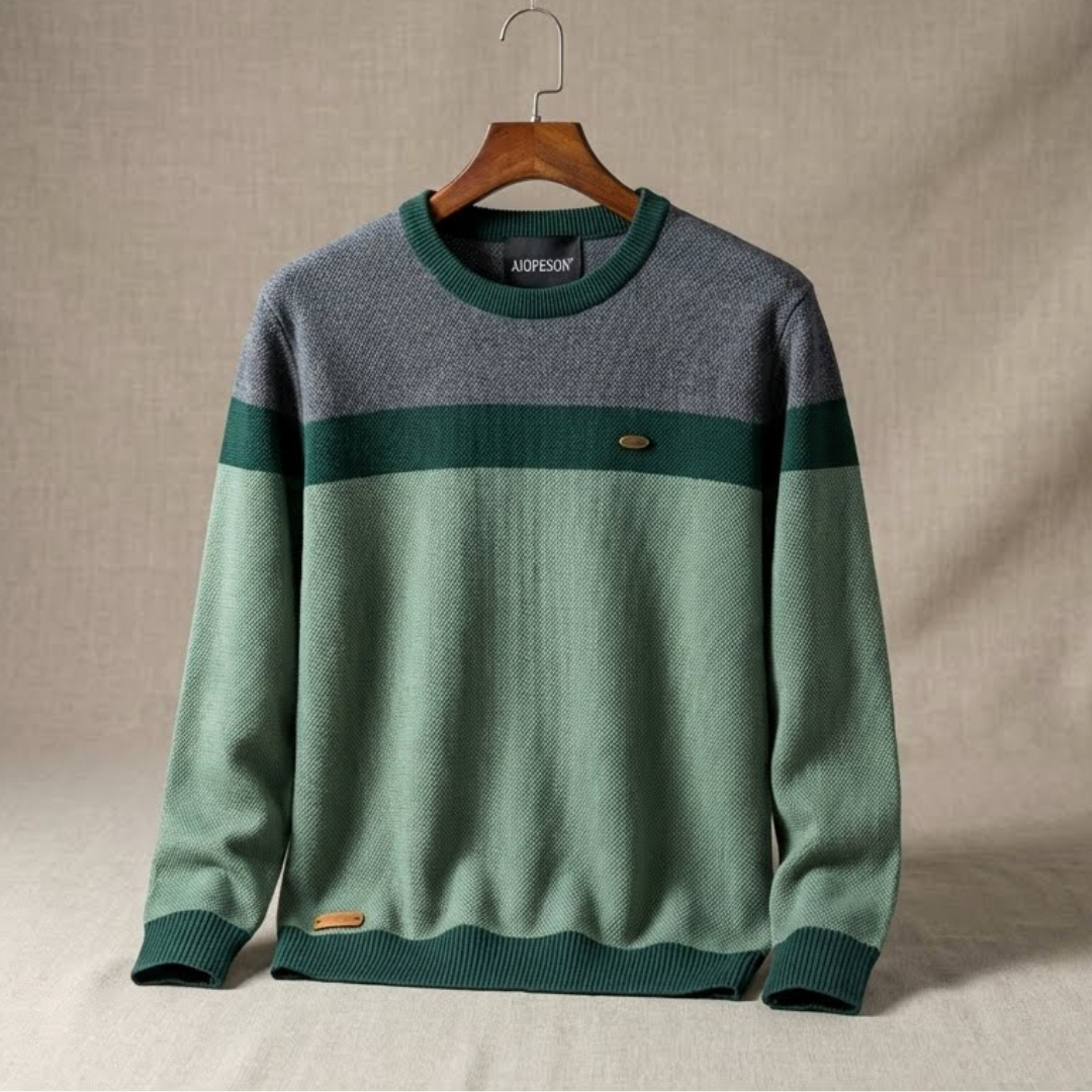 Jersey de punto Norwein en gris y verde, con franja verde oscuro y cuello acanalado