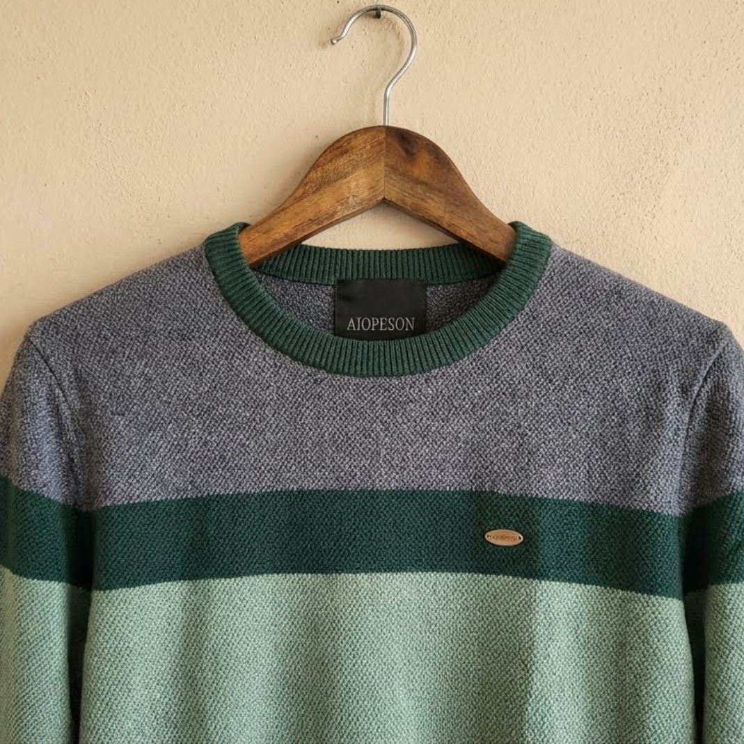 Cuello redondo acanalado verde y franja central verde oscuro en jersey de punto gris