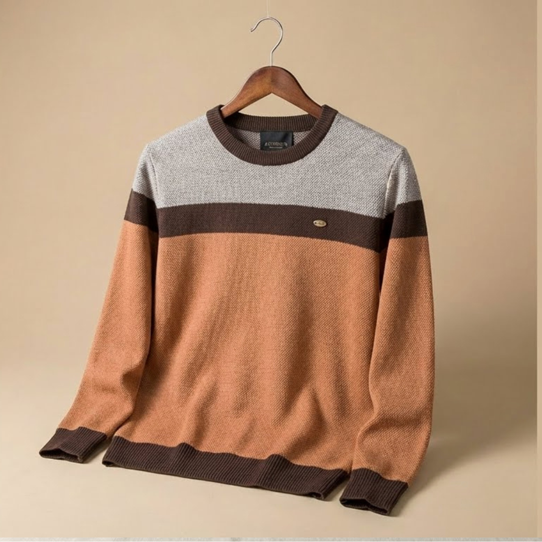 Jersey de punto bicolor topo con franjas marrón y ribetes oscuros