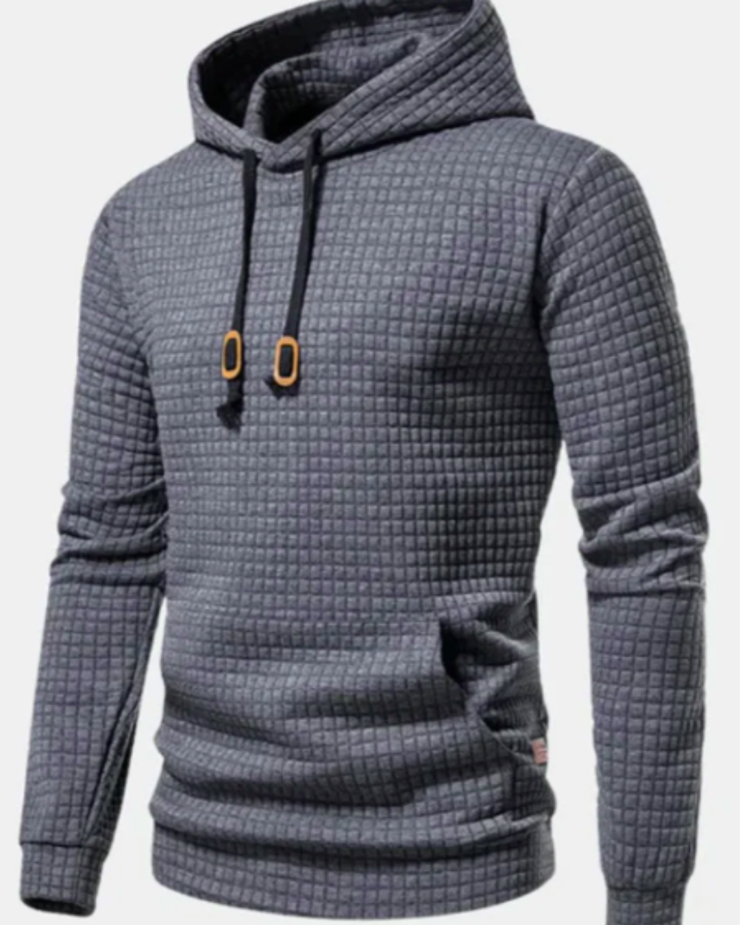 Sudadera gris con capucha y cordones, detalle de tejido acolchado