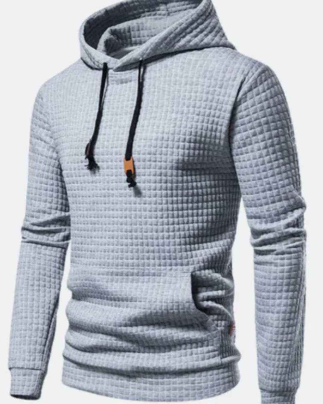 Sudadera gris clara con capucha, cordones y bolsillo canguro, tejido acolchado