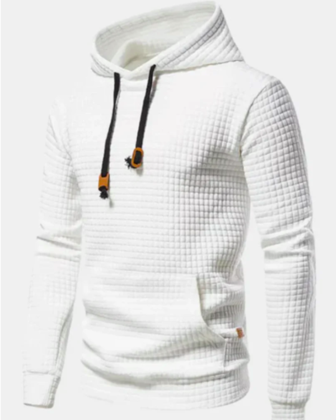 Sudadera blanca con capucha y cordones, tejido acolchado y bolsillo canguro