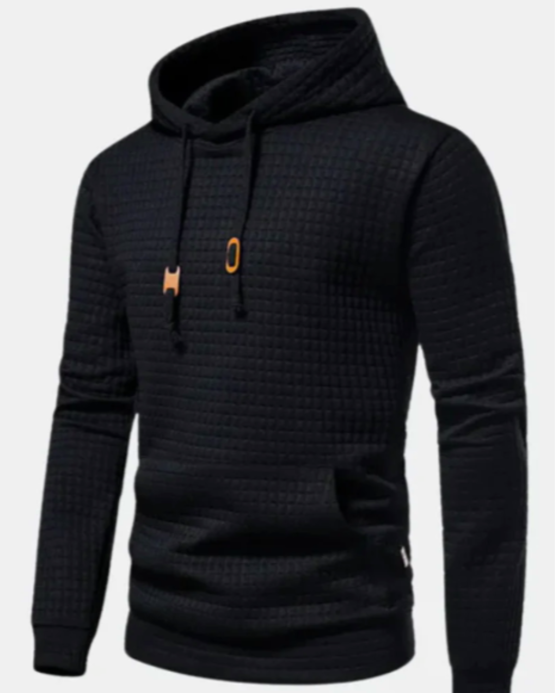 Sudadera negra con capucha, cordones marrón y bolsillo canguro