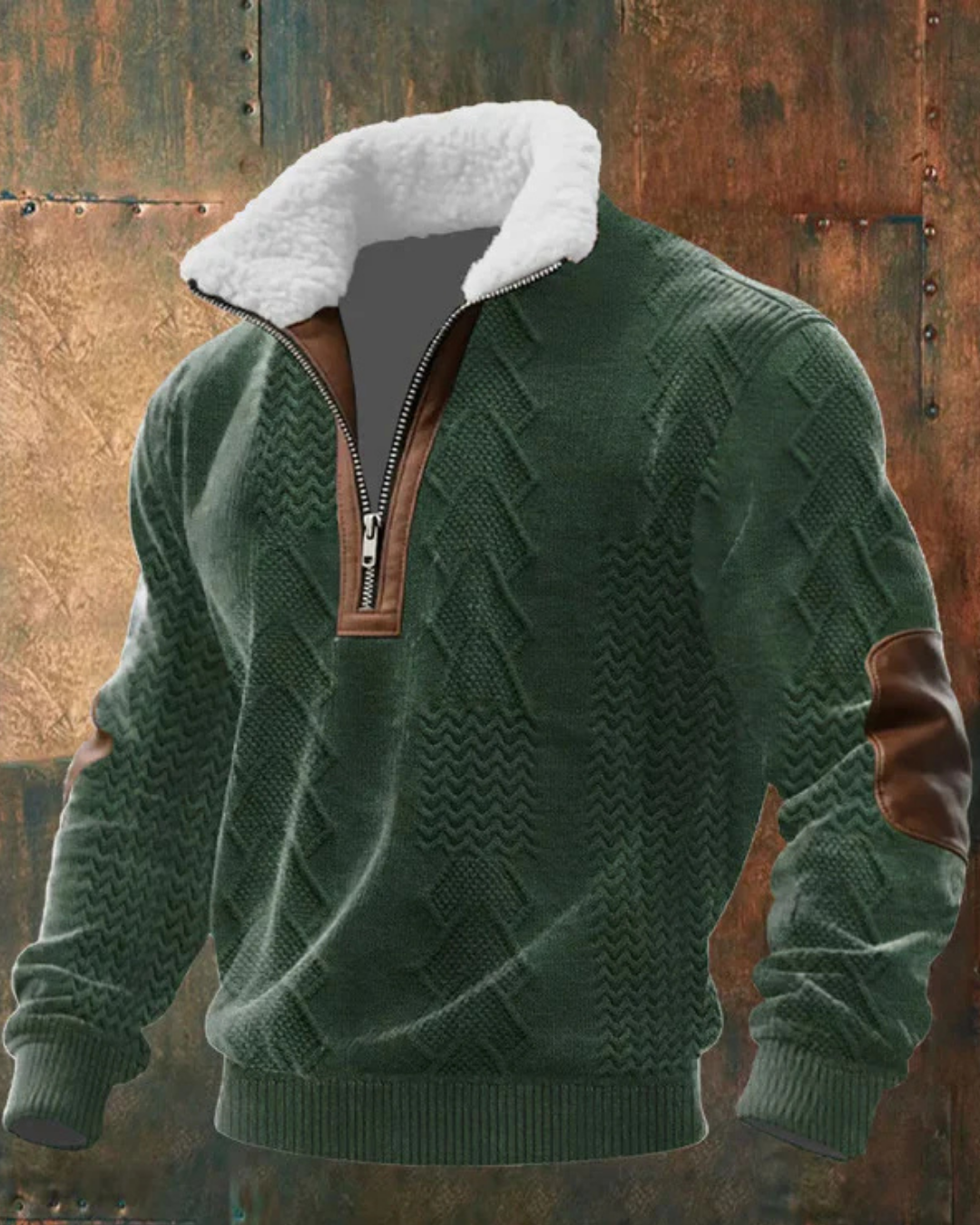 Suéter de borrego verde con cuello sherpa blanco y cierre 1/4 color café