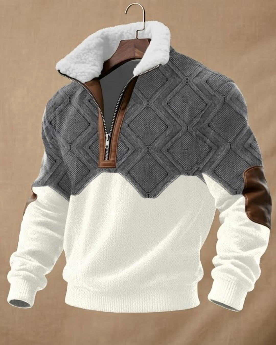 Suéter de borrego gris con cuello sherpa blanco y cierre 1/4 color café