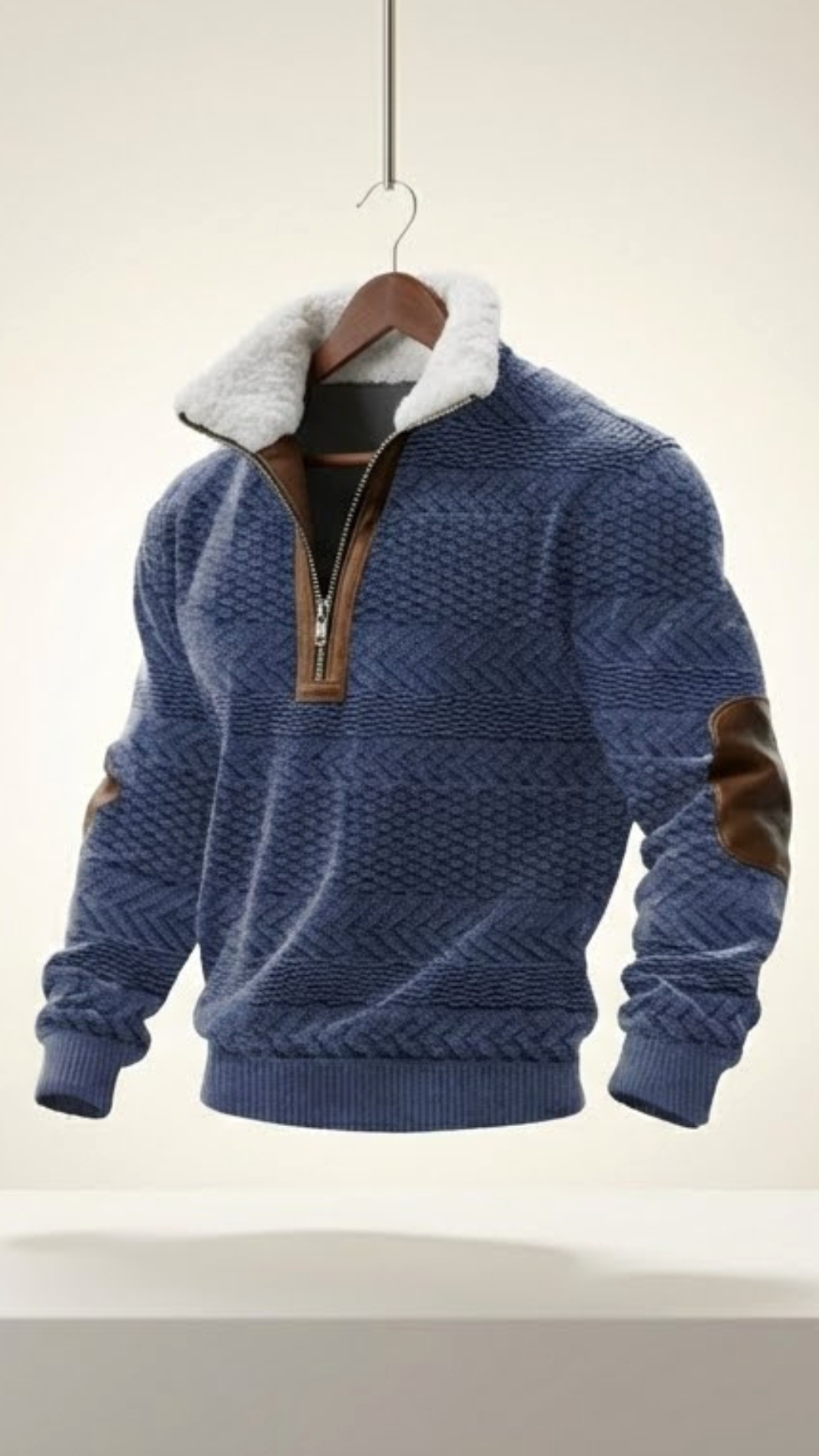 Suéter de borrego azul con cuello sherpa y cierre 1/4 color café, en percha