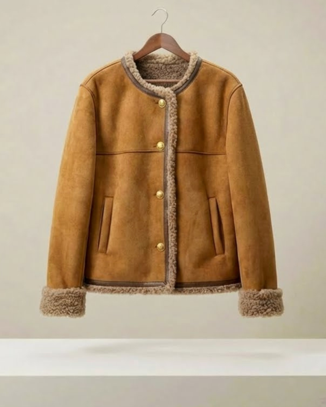 Chaqueta ante camel con borreguillo en cuello y puños, botones dorados al frente