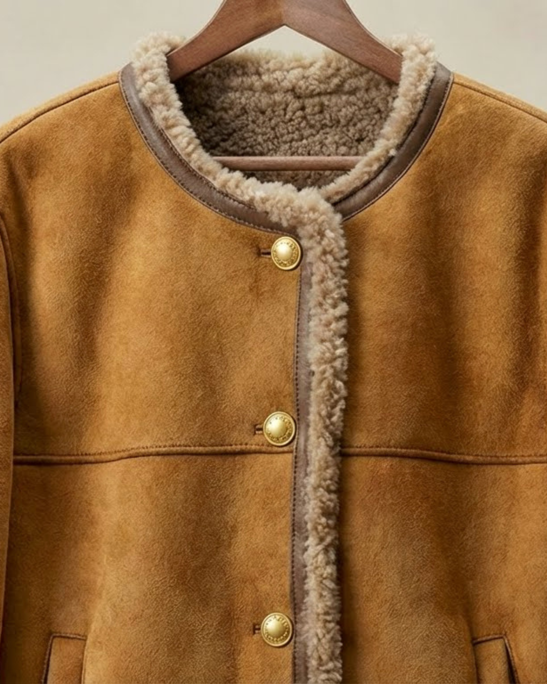 Chaqueta ante camel con cuello y tapeta de borreguillo y botones dorados visibles