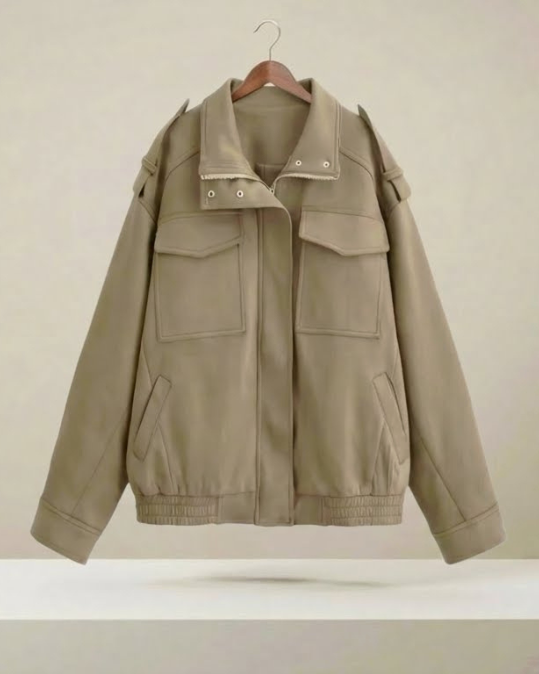 Chaqueta de ante marfil con bolsillos delanteros con solapa y cierre frontal