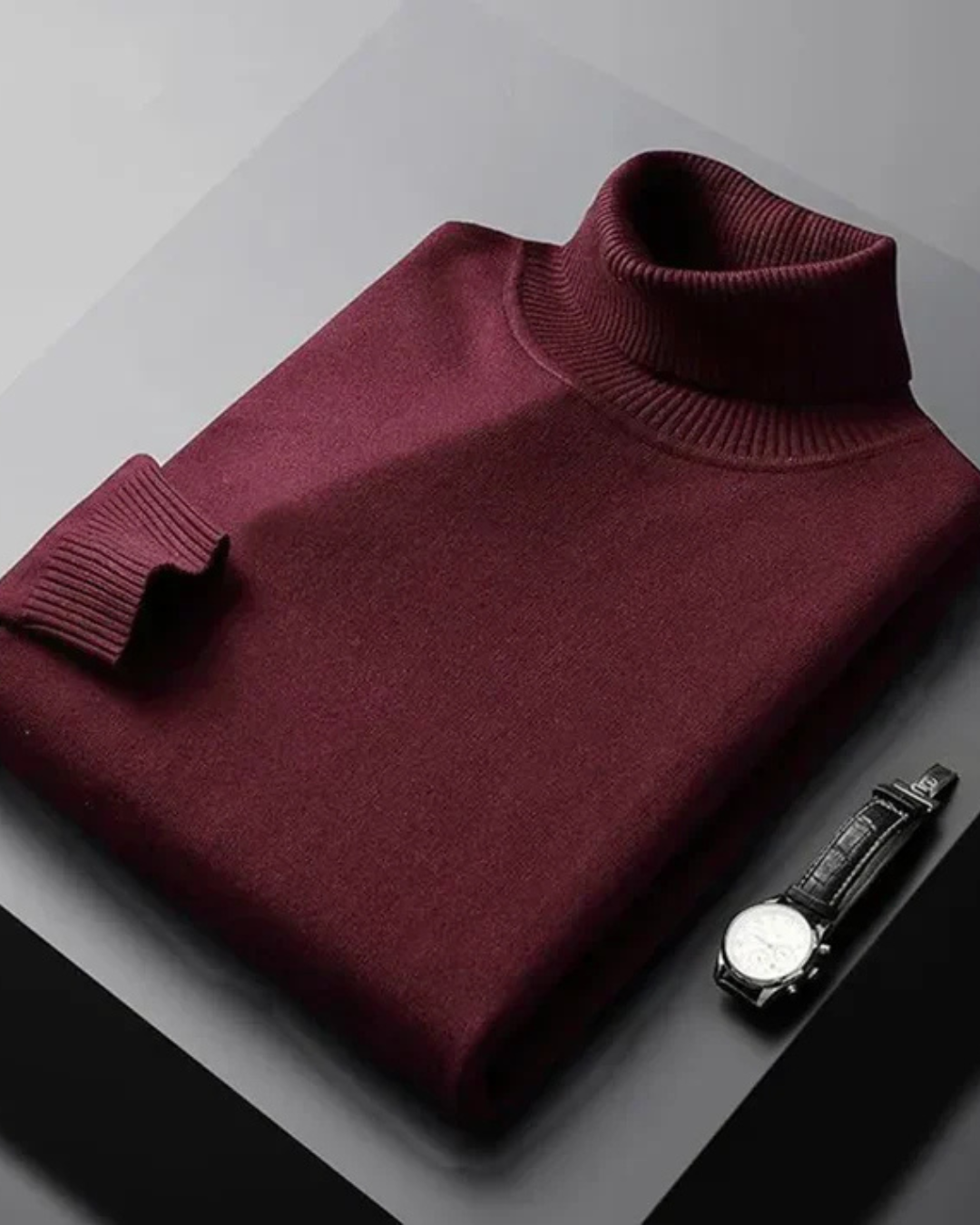 Jersey granate de punto con cuello alto acanalado y manga larga, tejido liso